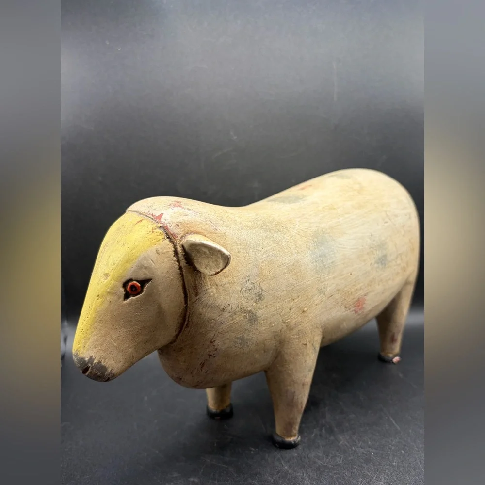 Vintage Hand Painted Carved Wood Sheep Figure Sculpture Folk Art Collectible
